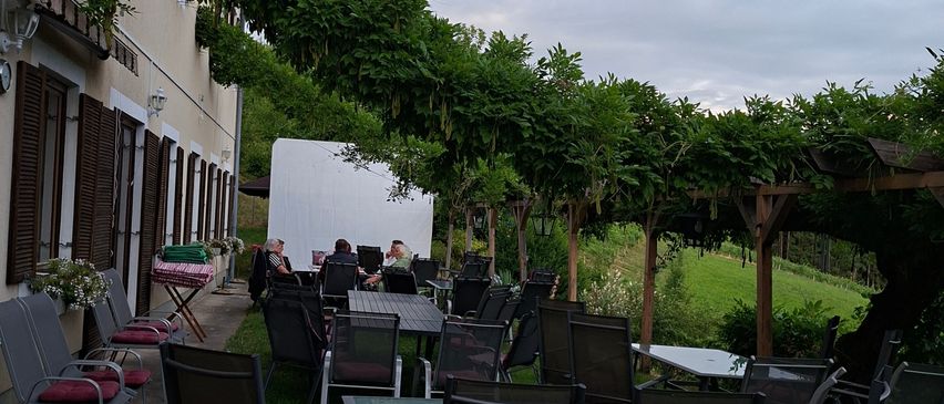 An outdoor dining area with tables and chairs surrounded by greenery, featuring a building with windows and awnings, under a cloudy sky.