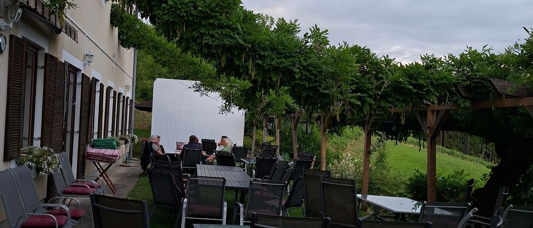 Ein Essbereich im Freien mit Tischen und Stühlen, umgeben von Grün, mit einem Gebäude mit Fenstern und Markisen, unter einem bewölkten Himmel.