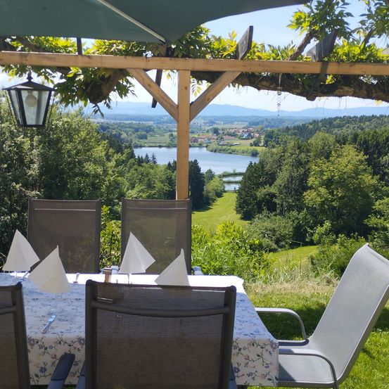 Ein Essbereich mit Tisch und Stühlen im Freien, umgeben von Bäumen mit Blick auf einen See und Berge.