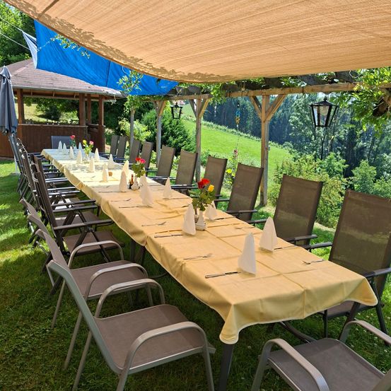 Ein Outdoor-Essbereich mit einem langen, in Gelb gedeckten Tisch. Der Tisch ist mit weißen Servietten, Besteck und Blumen gedeckt. Er ist von braunen Stühlen umgeben und von einem beigen Baldachin bedeckt. Im Hintergrund befinden sich ein hölzerner Pavillon, Bäume und ein Hügel.