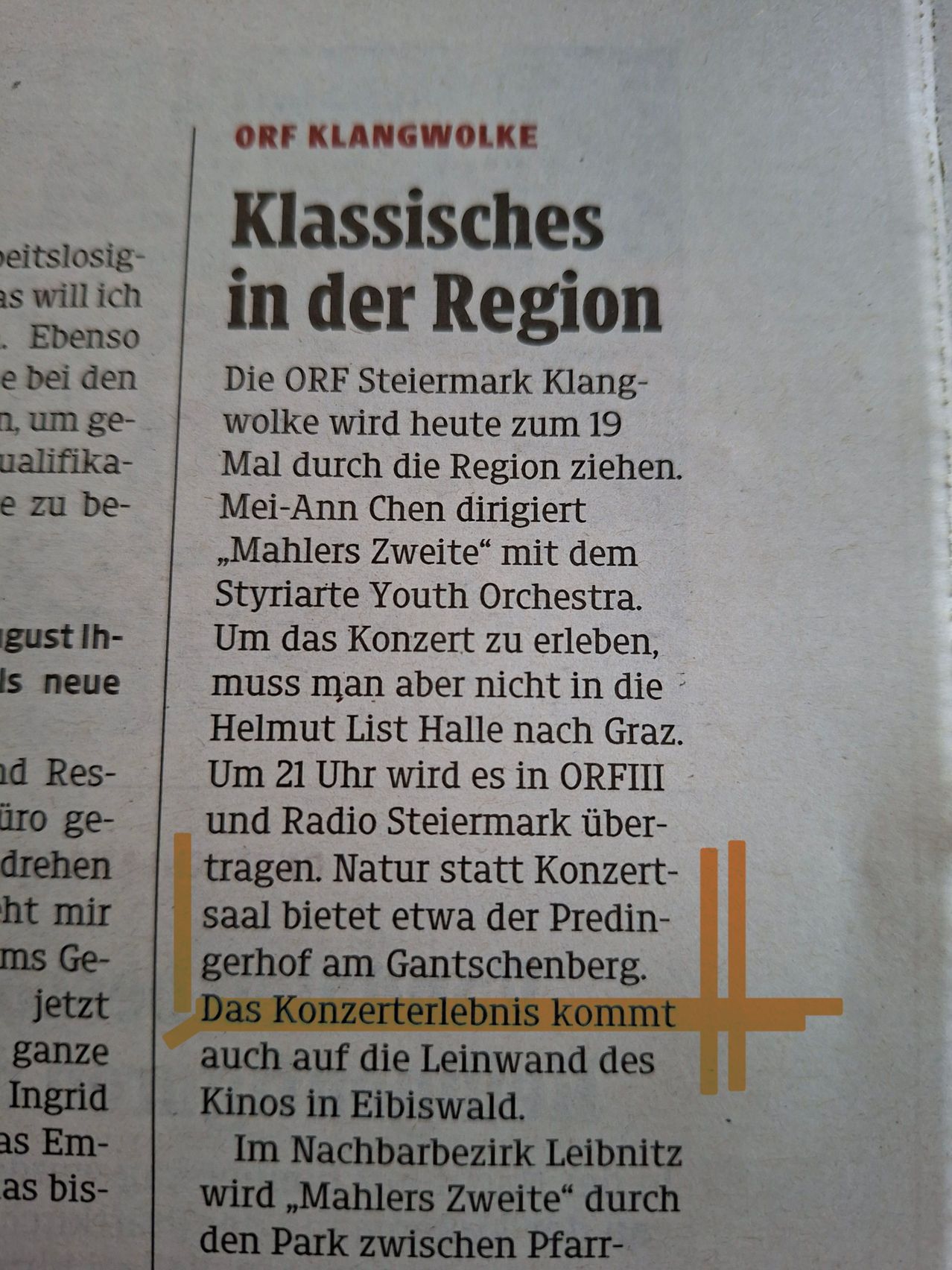 A newspaper article about a classical music event featuring Mahler's Second Symphony conducted by Mei-Ann Chen with the Styrian Youth Orchestra. The concert will be broadcast on ORFIII and Radio Steiermark.