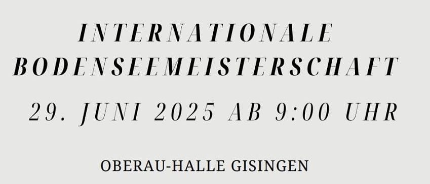 Plakat für die Bodenseemeisterschaft 2025 am 29. Juni um 9:00 Uhr in Oberau-Halle Gisingen. Eine Silhouette eines Radfahrers auf einem Fahrrad ist abgebildet, darunter steht 'Für Verflegung ist gesorgt!'