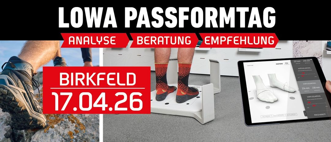 Eine Werbung für Iowa Passform zeigt eine Person, die auf einem Gerät steht, mit Text über Analyse, Beratung und Empfehlung.