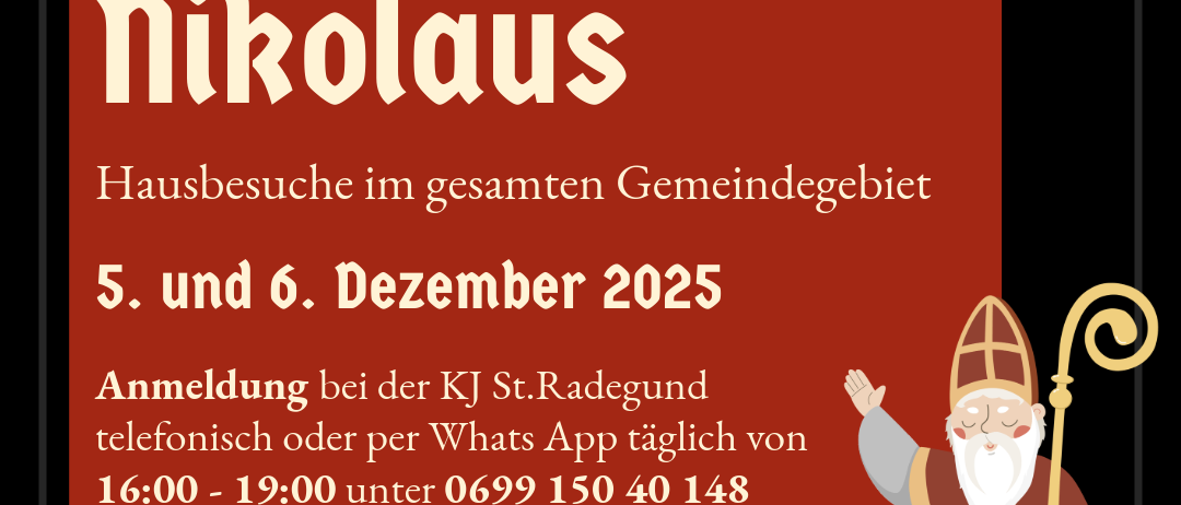 Plakat für Krampus- und Nikolausbesuche in Radegund. Geplant für den 5. und 6. Dezember 2025. Anmeldung erforderlich. Spenden willkommen.