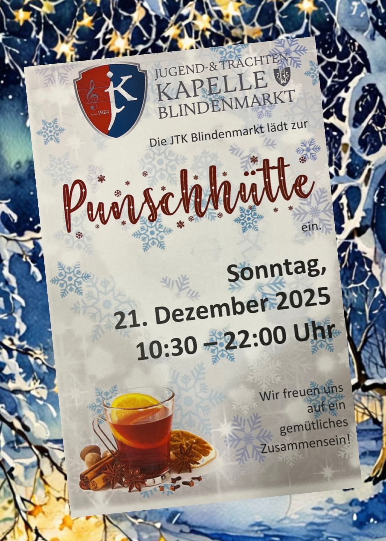 Plakat für eine Weihnachtsveranstaltung, Punschschlacht, am 21. Dezember 2025 von 10:30 bis 22:00 Uhr, mit einer Tasse Tee und Schneeflocken.