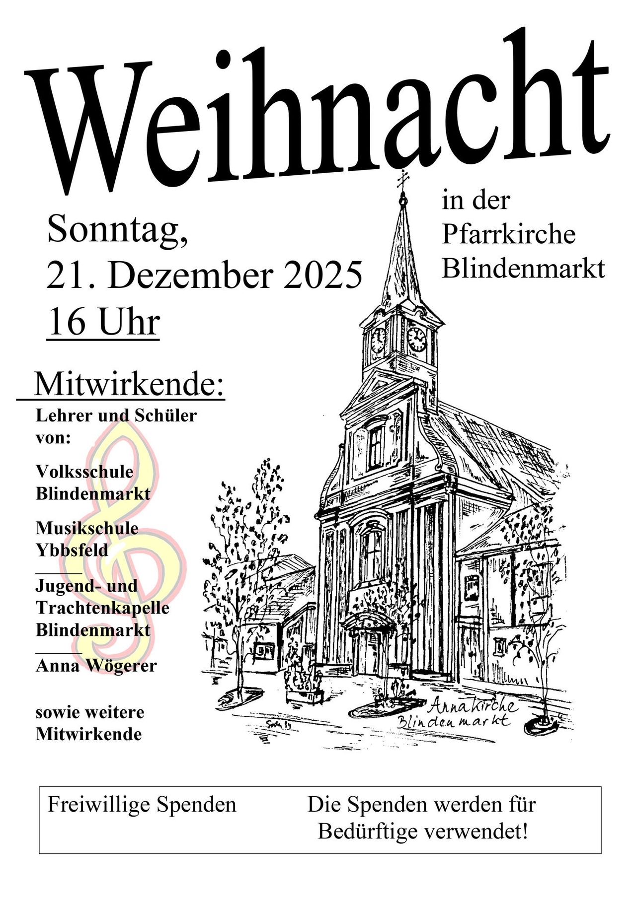 Das Bild zeigt ein Plakat für eine Weihnachtsveranstaltung in einer Kirche. Die Veranstaltung ist für Sonntag, den 21. Dezember 2025, um 16 Uhr geplant. Es umfasst Lehrer und Schüler aus verschiedenen Schulen.