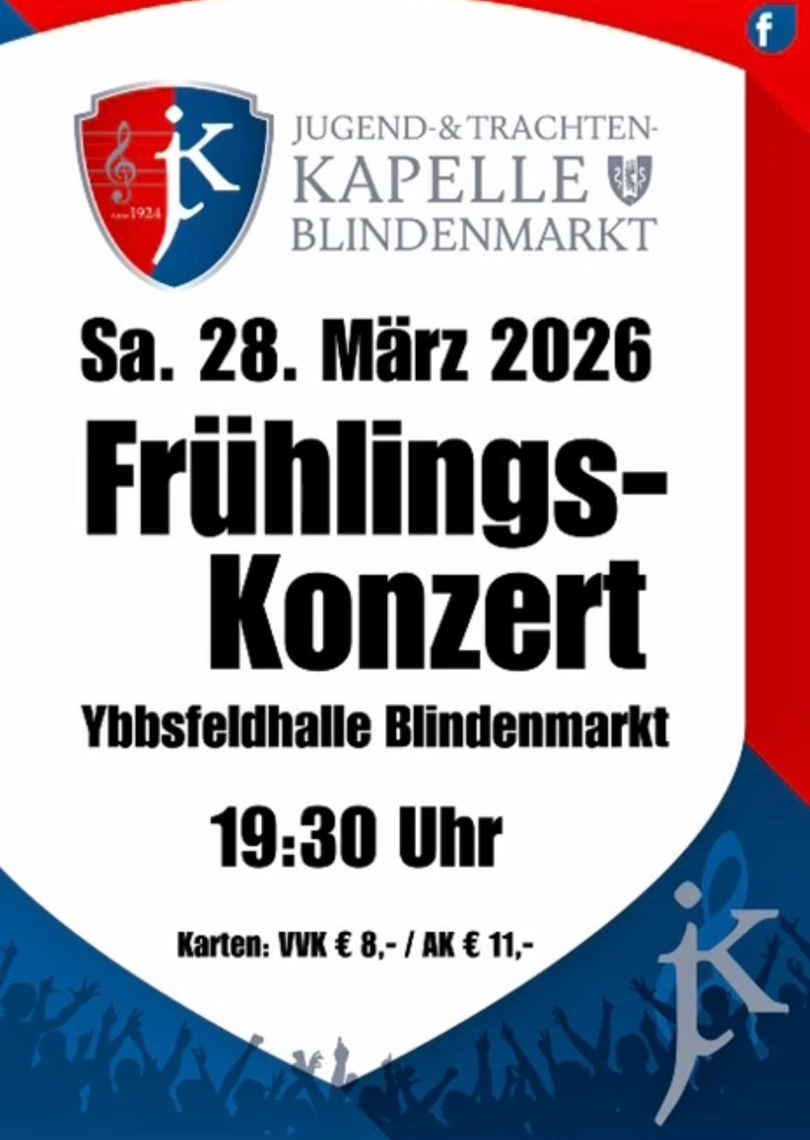 Plakat für ein Frühlingskonzert in der Ybbsfeldhalle Blindenmarkt am Samstag, 28. März 2026 um 19:30 Uhr. Ticketpreise: 8 EUR im Vorverkauf, 11 EUR an der Abendkasse.