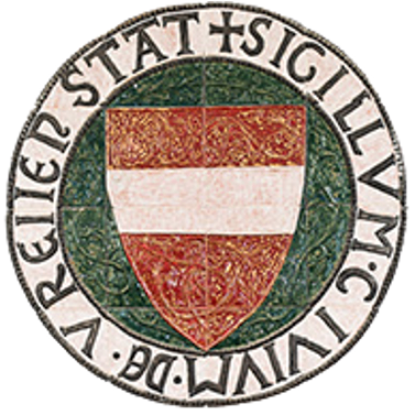 Rundes Emblem mit einem Schild, einem Kreuz und einem Rand. Der Schild zeigt rote und weiße Streifen. Lateinische Inschrift lautet 'Reiter Stadt Sigilli'. Kreuz auf dem Schild. Grüner und roter Rand.