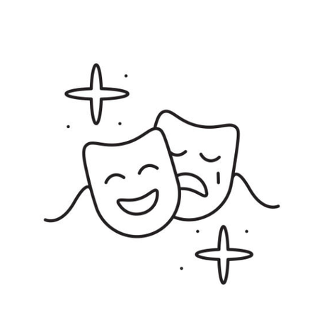 Eine Schwarz-Weiß-Illustration von zwei Theatermasken, eine lächelt und eine sieht verärgert aus, mit Sternen darum herum.