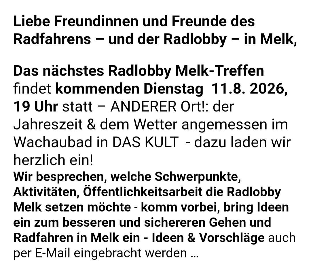 Eine Nachricht auf Deutsch über ein Treffen für Freunde und Unterstützer des Radfahrens und der Radiolobby in Melk, geplant für den 11. August 2026 um 9 Uhr.