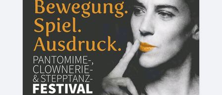 Plakat für ein Festival mit Pantomime, Clownerie und Stepptanz vom 1. bis 3. Mai 2026. Veranstaltungen beinhalten ein Symposium, Abendshow und Matinee. Workshops zu Pantomime, Clownerie, Stepptanz und Jonglage.