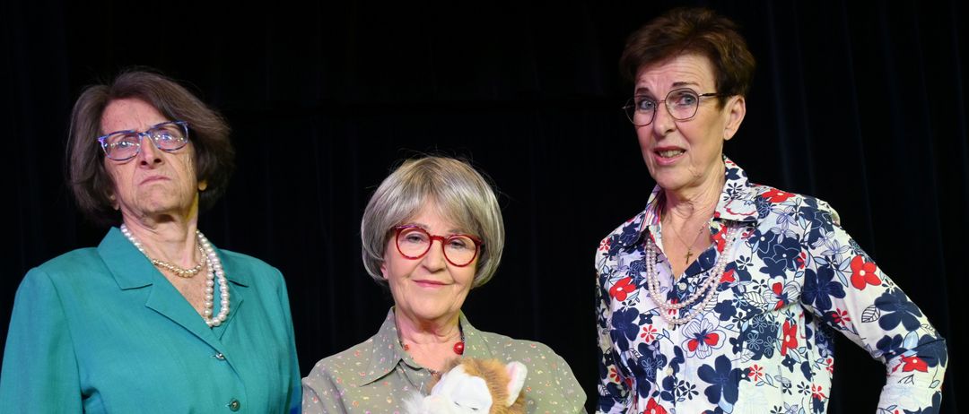 Drei ältere Frauen stehen zusammen, eine hält eine Plüschkatze. Sie sind in verschiedenen farbigen Kleidungsstücken gekleidet und scheinen auf der Bühne zu stehen.