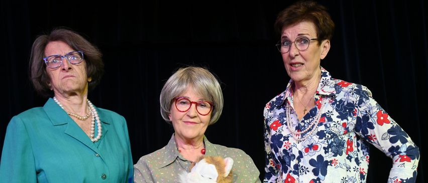 Drei ältere Frauen stehen zusammen, eine hält eine Stoffkatze, alle tragen Brillen und lächeln für die Kamera.
