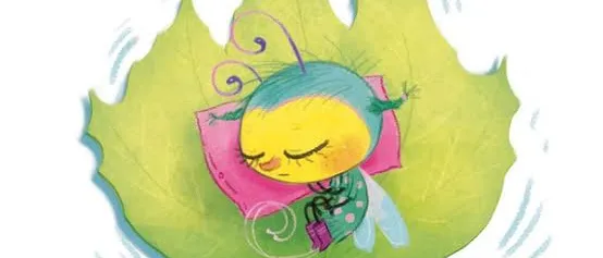 Eine verspielte Illustration eines kleinen, gelben Wesens, das einer Biene ähnelt, schläft friedlich auf einem grünen Blatt. Das Wesen hat blaue Haare und trägt ein rosa Kissen.