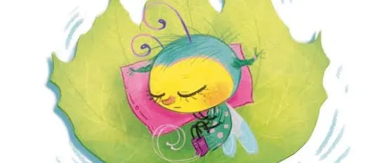Eine phantasievolle Illustration eines kleinen, gelben Wesens, das einer Biene ähnelt und friedlich auf einem grünen Blatt schläft. Das Wesen hat blaues Haar und trägt ein rosa Tuch. Das Blatt hat eine wellige Kante und ein leichter Wind scheint zu wehen.