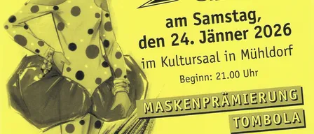 Ein Plakat für einen Maskenball am 24. Januar 2026 um 21:00 Uhr in Mühldorf. Das Plakat zeigt eine Frau in einem gepunkteten Kleid und Hut mit Handtasche.