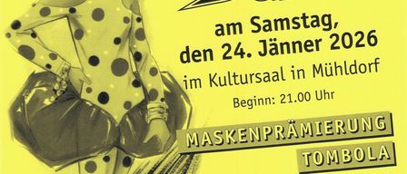 Ein Plakat für einen Maskenball am 24. Januar 2026 um 21:00 Uhr in Mühldorf. Das Plakat zeigt eine Frau in einem gepunkteten Kleid und Hut mit Handtasche.