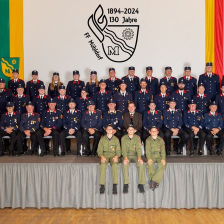 Eine Gruppe von Feuerwehrleuten in Uniform posiert für ein Foto auf einer Bühne, mit einem Hintergrund, der die Jahre 1894-2024 und 130 Jahre anzeigt.