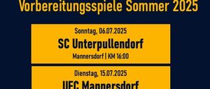 Plakat für Vorbereitungsspiele im Sommer 2025, einschließlich Datum und Ort. Spiele gegen SC Unterpullendorf, UFC Mannersdorf, ASK Schlaining, UFC Tatten, VIP-Abend SK Unterschutzen und 1. CUP-Runde SPG Nikitsch. Meisterschaftsstart am 2.08.2025 in Oberloisdorf.
