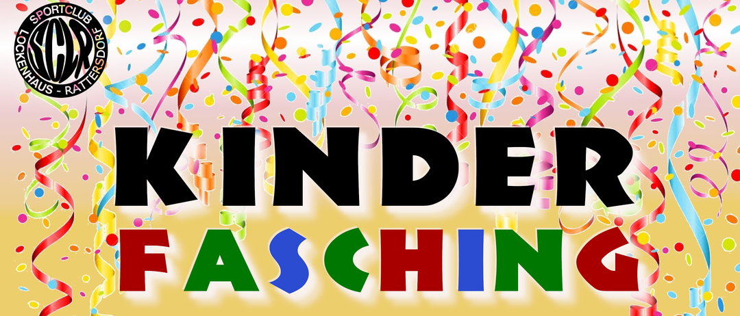 Ein farbenfrohes Banner bewirbt einen Kinderfasching am Samstag, 7. Februar 2026, ab 15:00 Uhr in der Naturparkarena Lockenhaus.