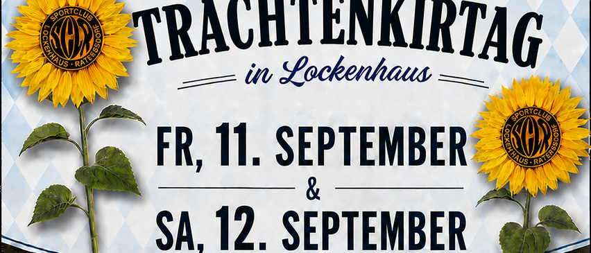 Poster for a weekend event in Lockenhaus, featuring two men playing instruments, with details about a warm-up on Friday, September 11, and a traditional costume day on Saturday, September 12.