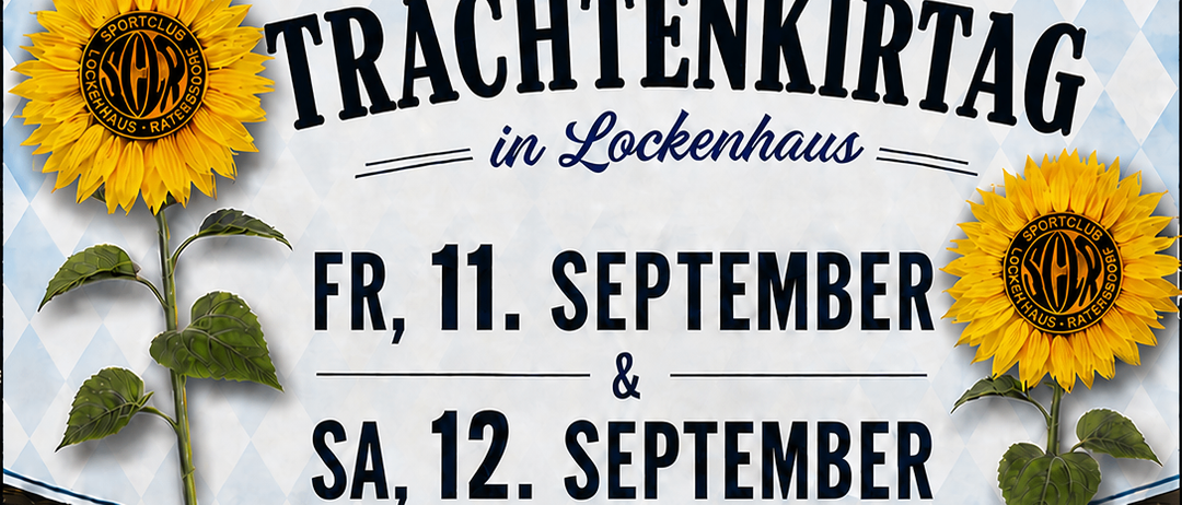 Plakat für ein Wochenende-Event in Lockenhaus, mit zwei Männern, die Instrumente spielen, Details über ein Warm-up am Freitag, 11. September, und einen Trachtentag am Samstag, 12. September.