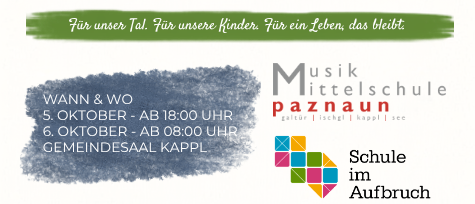 Plakat für die Veranstaltung 'Bildung im Tal' im Jahr 2036, mit Kategorien wie Kinder, Eltern, Wirtschaft, Politik und Pädagogik. Es enthält einen QR-Code für die Anmeldung.