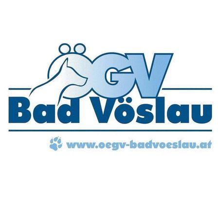 Das Logo für GV Bad Vöslau, mit einem blauen Hund, zwei Personen und der Website-Adresse.