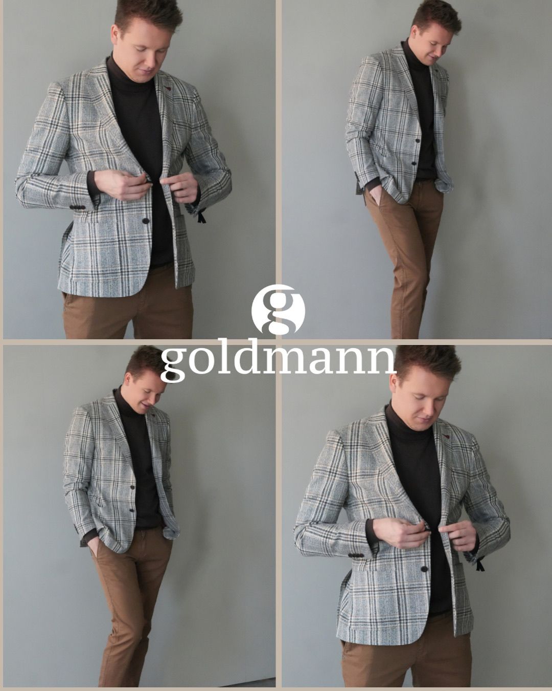Ein Mann in einem grau karierten Blazer, schwarzem Rollkragenpullover und braunen Hosen posiert in vier verschiedenen Posen.