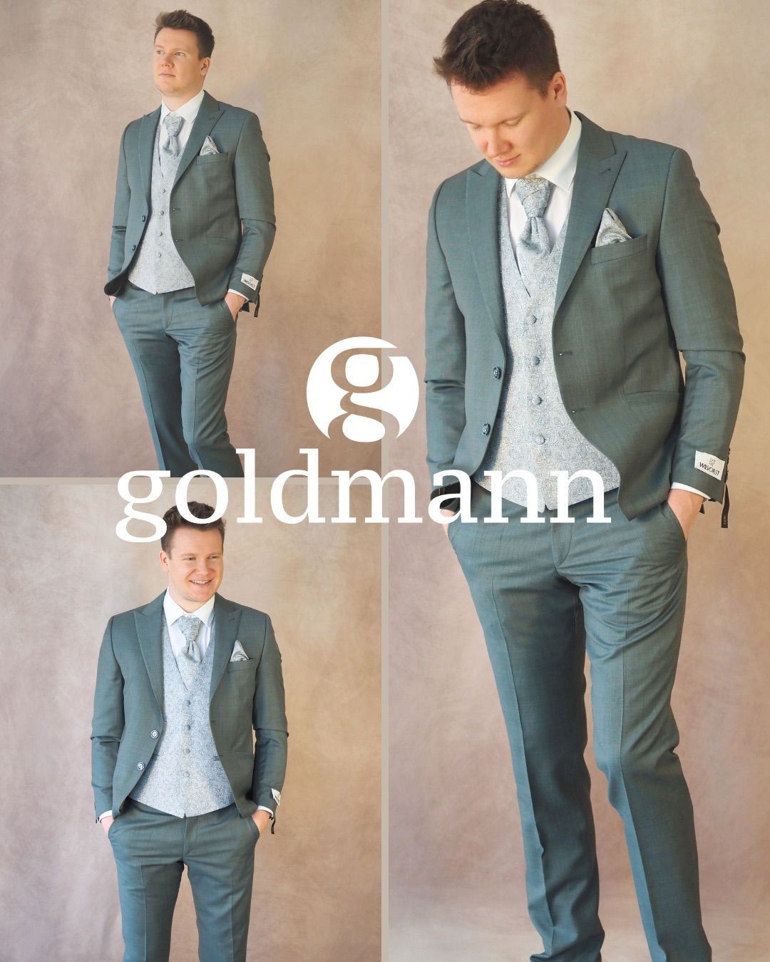 Drei Fotos eines Mannes in grauem Anzug und Weste, mit den Händen in den Taschen. Der Markenname 'goldmann' ist deutlich zu sehen.