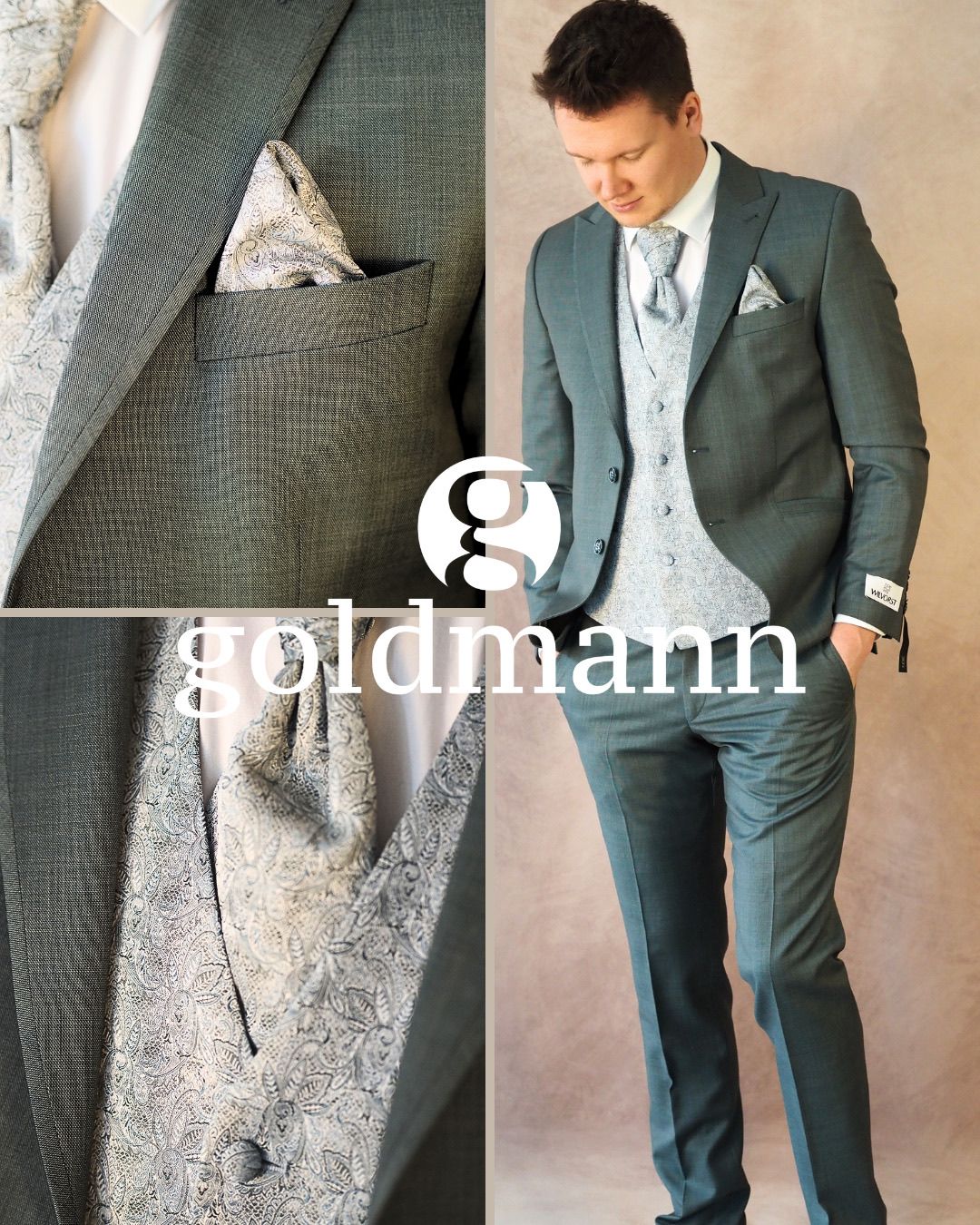 Ein Mann in einem grauen Anzug und Weste posiert und zeigt die Details seiner Kleidung. Der Anzug besteht aus einem Einstecktuch, einer Krawatte und einem Taschentuch.