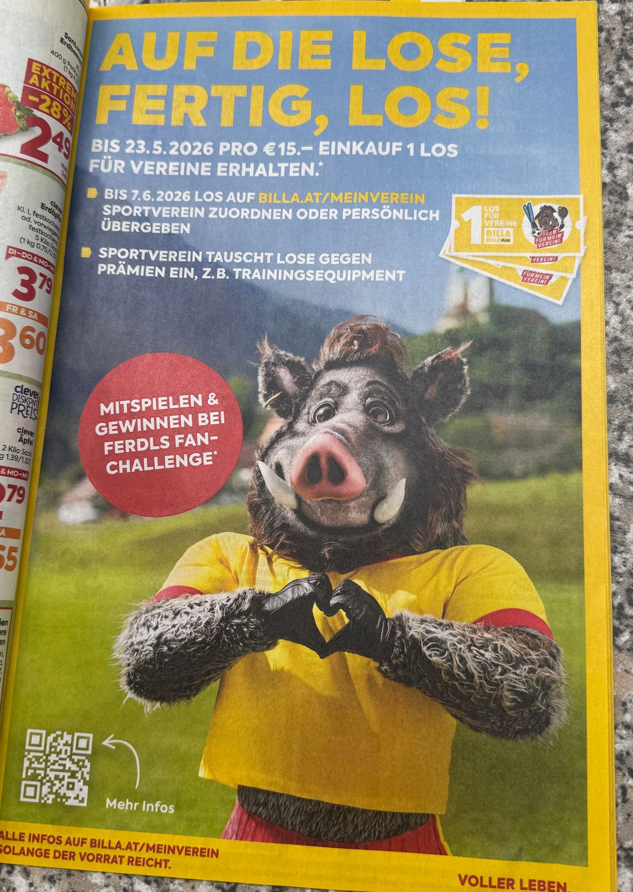 An ad featuring a person wearing a wild boar mask and gloves, promoting a sports club challenge. The ad contains a QR code.