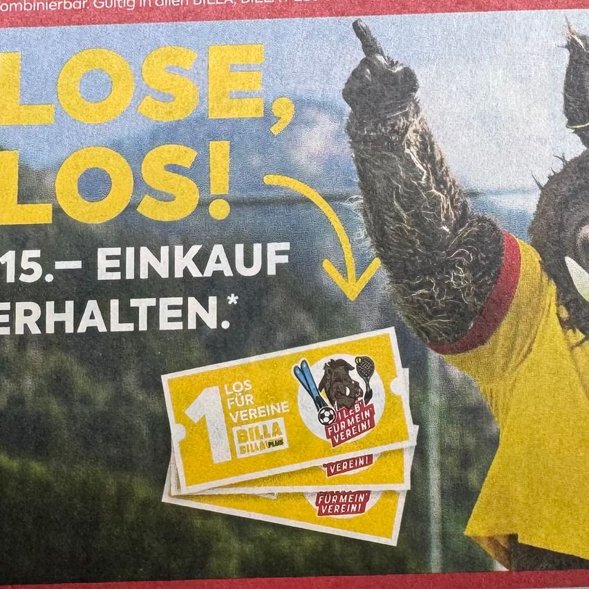 A promotional ad featuring a mascot with a yellow shirt. The ad reads 'LOSE, LOSE!' and '15.- EINKAUF ERHALTEN.' There are two yellow tickets for a club.