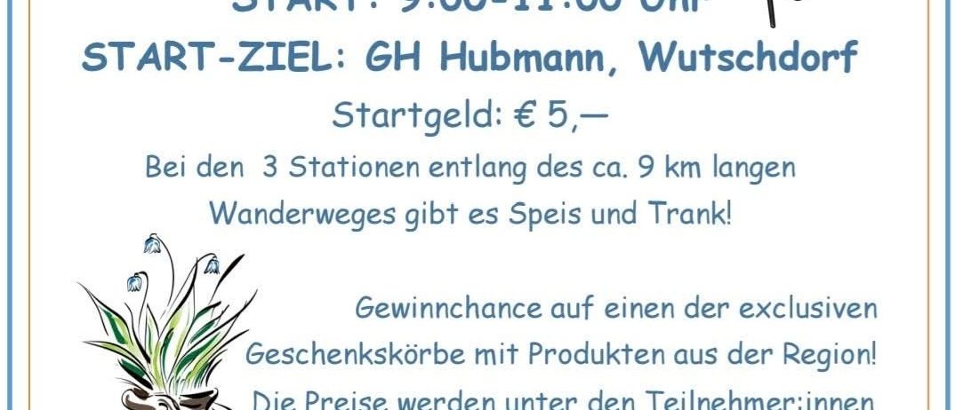 Plakat für Ulricher Bierfreunde-Event am 14. Juni 2025. Startzeit ist 9:00-11:00 Uhr. Startpunkt ist GH Hubmann, Wutschdorf. Eintrittsgebühr ist 5 €. Drei Stationen mit Essen und Getränken entlang eines 9 km langen Wanderwegs. Chance auf einen Geschenkkorb mit regionalen Produkten. Die Preise werden unter den Teilnehmern verlost. Die Veranstaltung findet bei jedem Wetter statt!