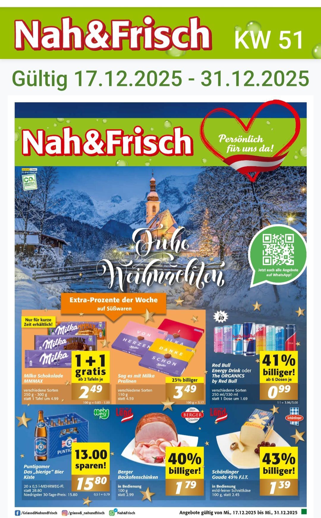 Das Bild zeigt einen Flyer für 'Nah&Frisch' mit einem verschneiten Berg im Hintergrund. Es enthält eine Aktion für 'Die Weihnachteln' mit einem QR-Code. Es bewirbt Schokoladen, Getränke und einen Rabatt auf Red Bull. Besondere Angebote werden mit Preisen und Prozentsätzen angezeigt.