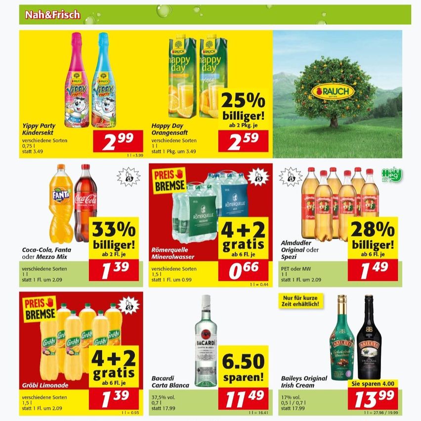 Ein Flyer zeigt verschiedene Getränkeangebote. Oben links: Yippy Party Kindersekt kostet 2,99, mit einem Rabatt von 3,39. Oben rechts: Happy Day Orangensaft für 2,59. Unten links: Coca-Cola, Fanta und Mezzo Mix bieten 33% Rabatt. Unten rechts: Römerquelle Mineralwasser bietet 4+2 gratis. Unten Mitte: Bacardi Carta Blanca für 6,50. Baileys Original Irish Cream für 13,99.