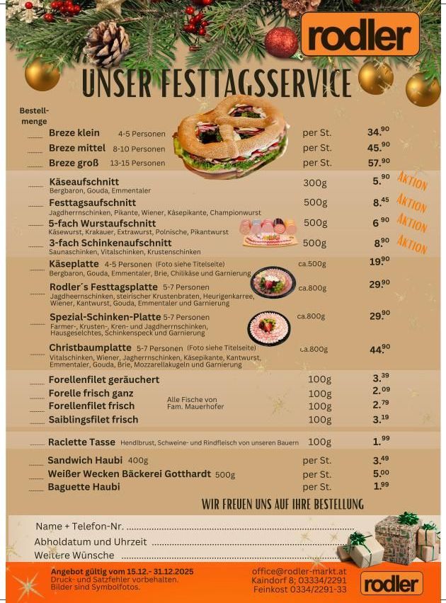 Festtagsservice mit Käseplatten, Feiertagsplatten, geräucherten Fleischsorten und verschiedenen Wurst- und Fleischwaren. Preise für kleine, mittlere und große Portionen. Zusätzliche Optionen beinhalten Feiertagsplatten für 5-7, 7-15 und über 15 Personen.