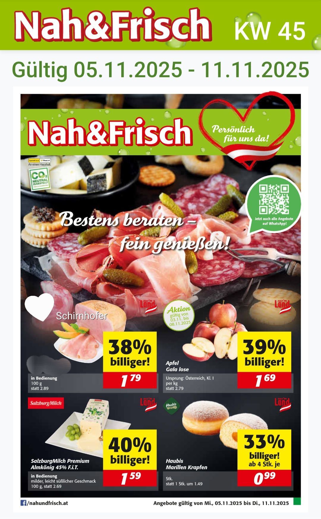 Werbeflyer für einen Lebensmitteleinzelhändler. Eine Auswahl an Fleisch, Käse und Obst wird mit Preisnachlässen angezeigt. Der Flyer zeigt ein Herzsymbol und einen QR-Code für zusätzliche Angebote. Die Rabattsätze betragen 38% und 39%. Die Preise sind pro Kilogramm.