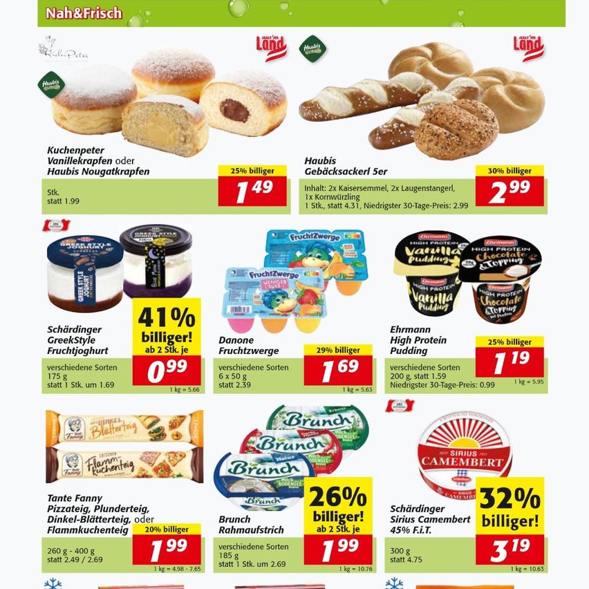 Ein Flugblatt mit verschiedenen Lebensmitteln, darunter Vanille-Crepes, Brezeln, Joghurt, Käseaufstrich, Müsliriegel und Käse, mit Preisen und Werberabatten.