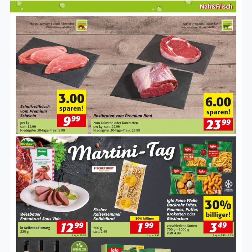 Eine Werbung für Nah&Frisch mit verschiedenen Fleisch- und Produktangeboten. Hervorhebung von Einsparungen bei Premium-Schweine- und Rinderstücken sowie Rabatten auf Hähnchenbrust und andere Produkte. Preise und Einsparungen pro Kilogramm werden angezeigt.