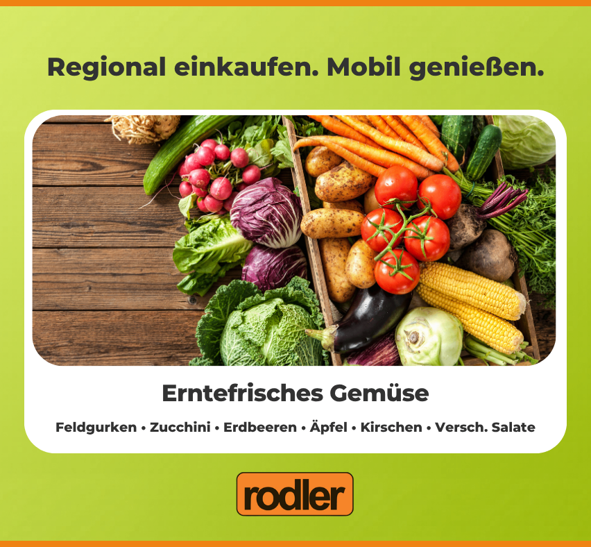 Frische Gemüsesorten wie Feldgurken, Zucchini, Erdbeeren, Äpfel, Kirschen und verschiedene Salate. Regional einkaufen. Mobiles Genießen.