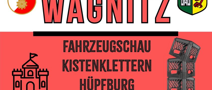 Plakat für die Fahrzeugschau der Feuerwehr Wagnitz. Die Veranstaltung findet von 13:00 bis 17:00 Uhr statt. Es zeigt das Logo der Feuerwehr Wagnitz, eine Burgillustration und die Logos von Kistenklettern Hupfburg und anderen Sponsoren.