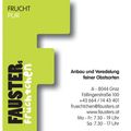 Ein Visitenkarte für Frucht Pur, angesiedelt in Graz, Österreich. Sie enthält Kontaktdaten wie Telefonnummer, E-Mail und Webseite. Die Karte hat einen grünen Hintergrund und weißen Text.