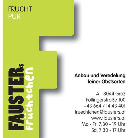 Ein Visitenkarte für Frucht Pur, angesiedelt in Graz, Österreich. Sie enthält Kontaktdaten wie Telefonnummer, E-Mail und Webseite. Die Karte hat einen grünen Hintergrund und weißen Text.
