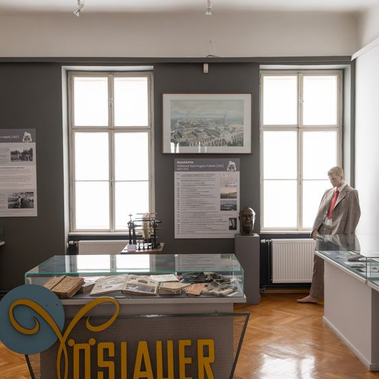 Ein Raum mit Holzböden zeigt eine Glasschatulle mit der Aufschrift 'Inslauer' mit verschiedenen Büchern. Ein Porträt und ein Rahmen hängen an der Wand. Ein Mann im Anzug steht bei einem Glasschreibtisch.