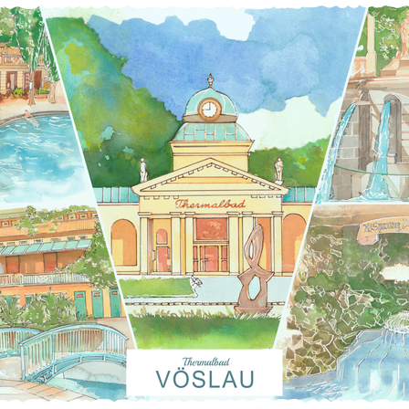 Aquarell-Illustrationen von Thermalbad Vöslau, die einen Pool, Gebäude, einen Uhrturm, einen Brunnen und eine Brücke zeigen.