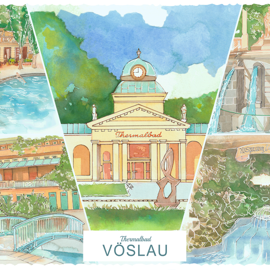Aquarell-Illustrationen von Thermalbad Vöslau, die einen Pool, Gebäude, einen Uhrturm, einen Brunnen und eine Brücke zeigen.