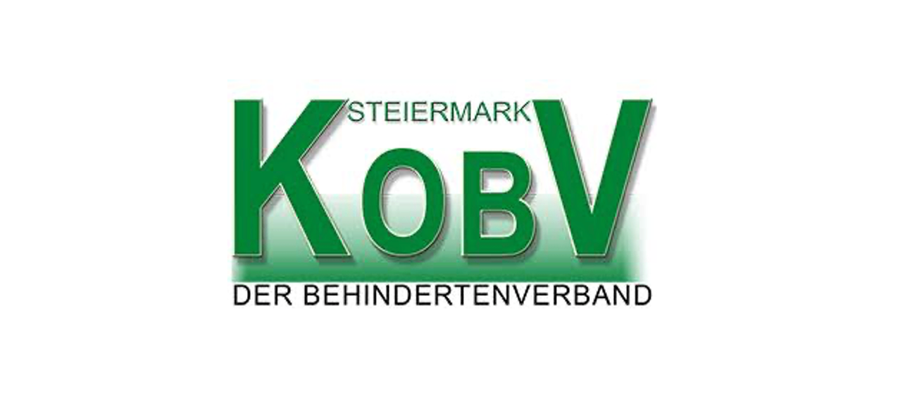 Das Logo für KOBV, einen Behindertenverband in der Steiermark, zeigt ein stilisiertes 'K' und 'V' mit 'Steiermark' darüber und 'Der Behindertenverband' darunter. Das Design ist modern und klar.