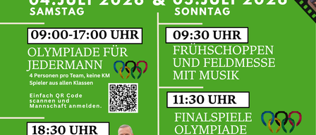 Grünes Plakat kündigt den 80. Jahrestag von USV Wies an. Veranstaltungen umfassen einen offenen Feldwettbewerb, frühes Einkaufen mit Feldmesse, Musik, offizielle Teilnahme, Siegeszug und Ziehung der Jubiläumsverlosung. Termine: 4. Juli 2026, Samstag, 9-17 Uhr, und 5. Juli 2026, Sonntag, 9:30 Uhr. Scannen Sie den QR-Code, um sich anzumelden.