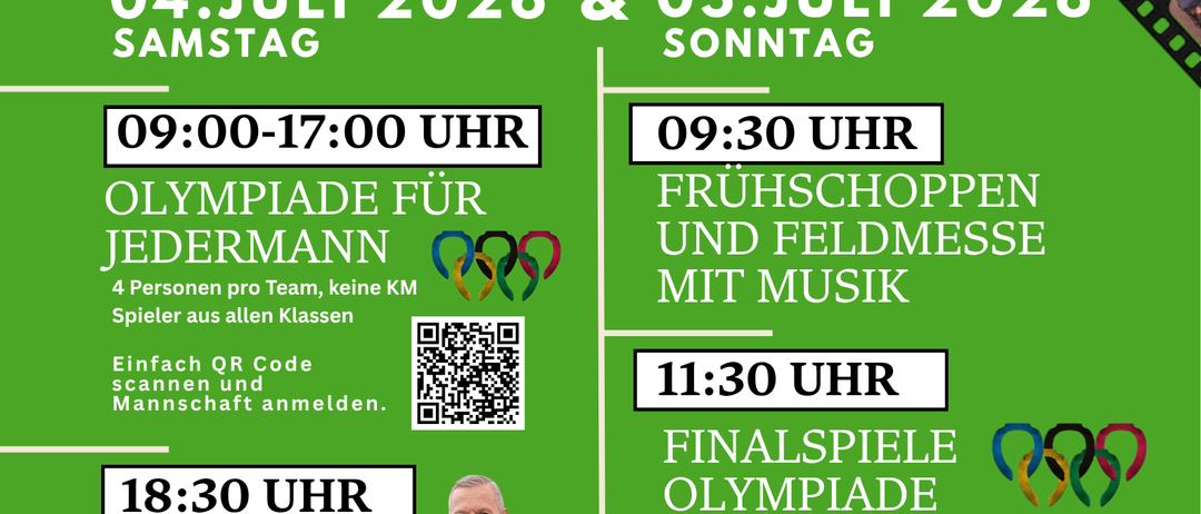 Grünes Plakat kündigt den 80. Jahrestag von USV Wies an. Veranstaltungen umfassen einen offenen Feldwettbewerb, frühes Einkaufen mit Feldmesse, Musik, offizielle Teilnahme, Siegeszug und Ziehung der Jubiläumsverlosung. Termine: 4. Juli 2026, Samstag, 9-17 Uhr, und 5. Juli 2026, Sonntag, 9:30 Uhr. Scannen Sie den QR-Code, um sich anzumelden.